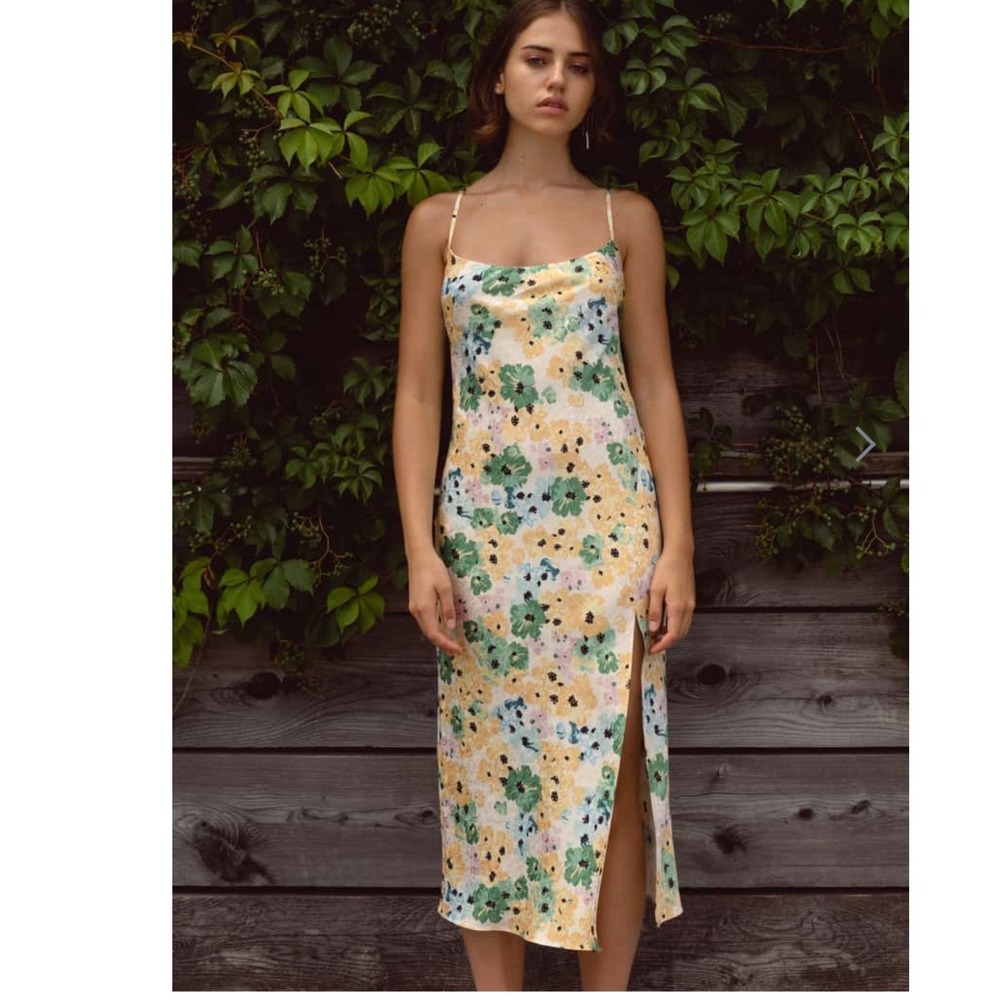Jenny Yoo Rylie Floral Jacquard Midi Dress Slip Spaghetti Strap Slit Size 12 NWT